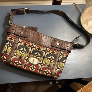 Fossil Brown and Red Shoulder Bag with Geometric Pattern and Leather Trim